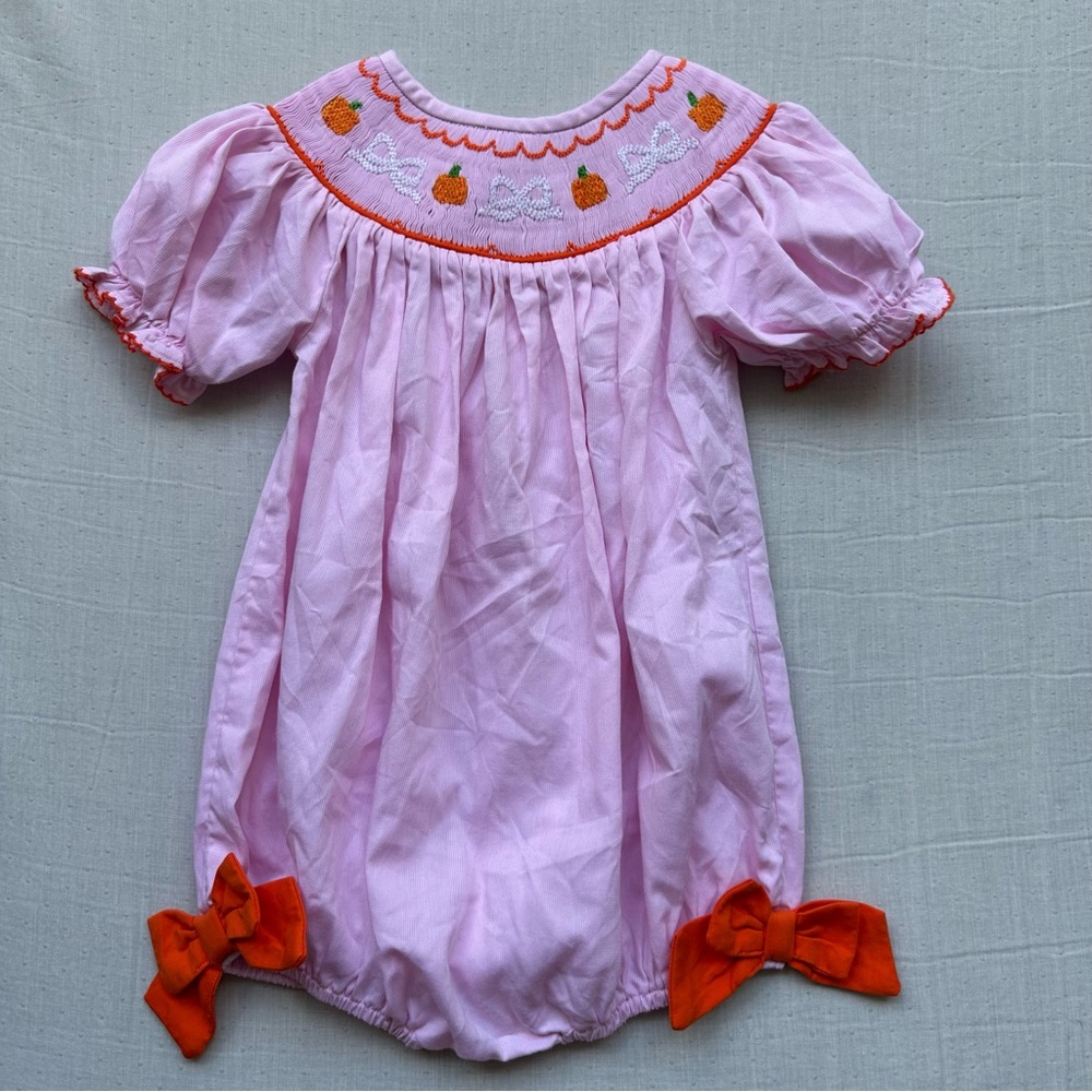 The Smocked Flamingo Toddler Baby Pink Bubble Onesie Pumpkins and Bows Size 3T